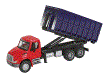 WALT949-11630 - 1:87 Scale - International 4300 Dual-Axle Dumpster Truck - Red Cab / Blue Dumpster